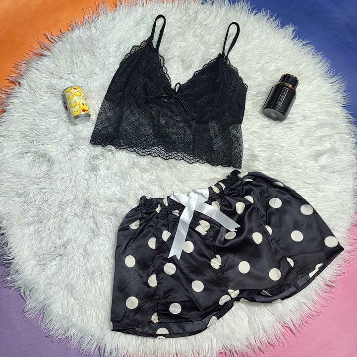 Women's Black Lace Bralette & Polka Dot Shorts Nightwear Set | Sexy Sleepwear & Loungewear | Inner Top and Short Cami Set