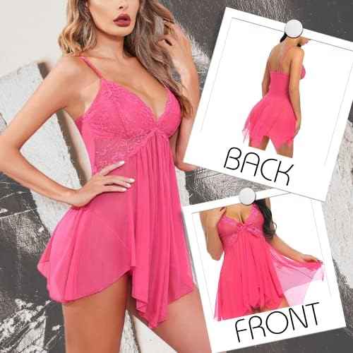 Pink Babydoll Lingerie Nightwear for Women | Sheer Lace Sleepwear with Panty | Article 6636