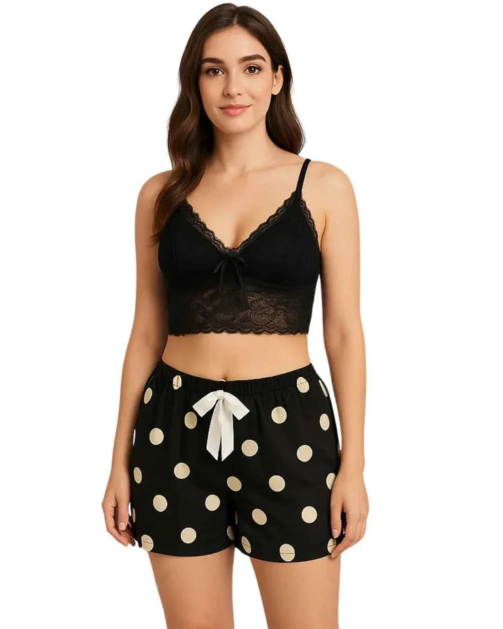 Women's Black Lace Bralette & Polka Dot Shorts Nightwear Set | Sexy Sleepwear & Loungewear | Inner Top and Short Cami Set