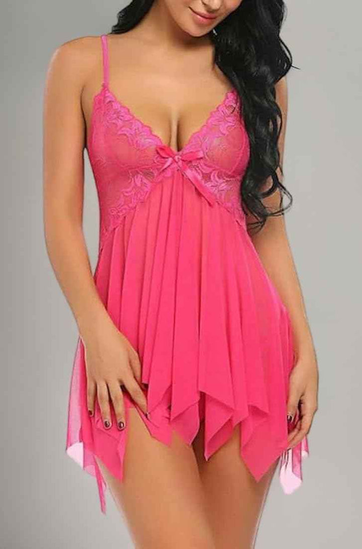 Pink Babydoll Lingerie Nightwear for Women | Sheer Lace Sleepwear with Panty | Article 6636
