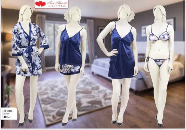 Two Hearts 6Pcs Silk Nightwear & Lingerie For Girls & Women - Blue