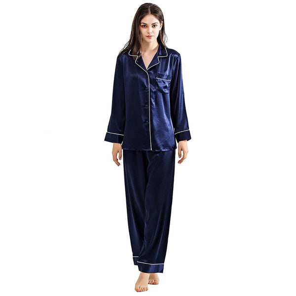 Blue Silk Night Suit Turn Down Collar Long Sleeves