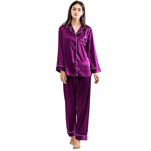 Purple Silk Night Suit Turn Down Collar Long Sleeves