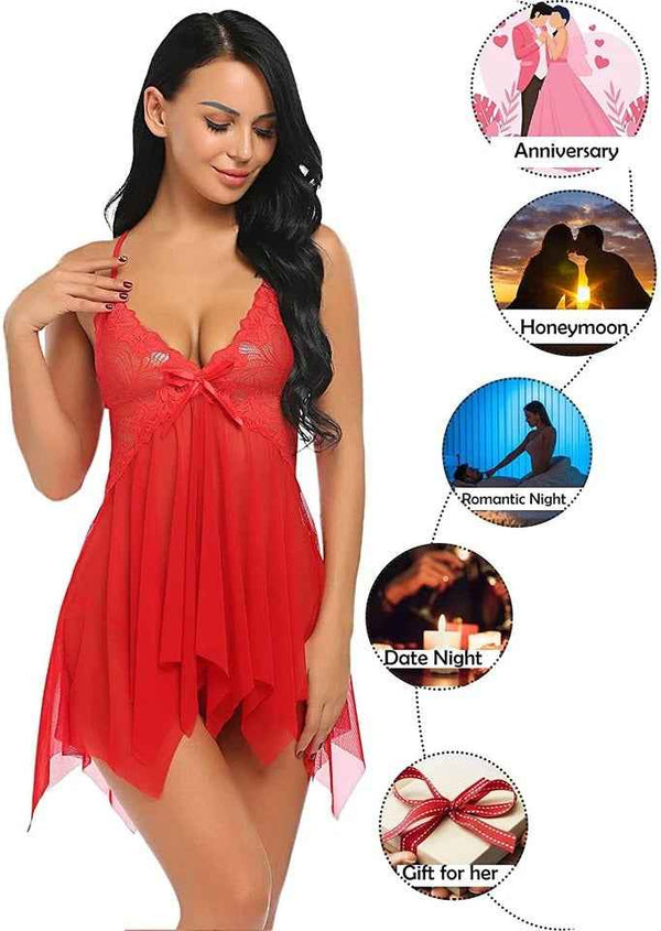 Red Lace Babydoll Lingerie Nightwear for Women | Romantic Sheer Nightdress with Panty