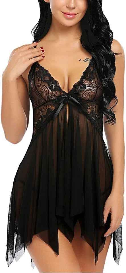 Women's Sexy Sheer Lace Babydoll Nightwear with Panty | Black Lingerie Set for Women | Article 6636