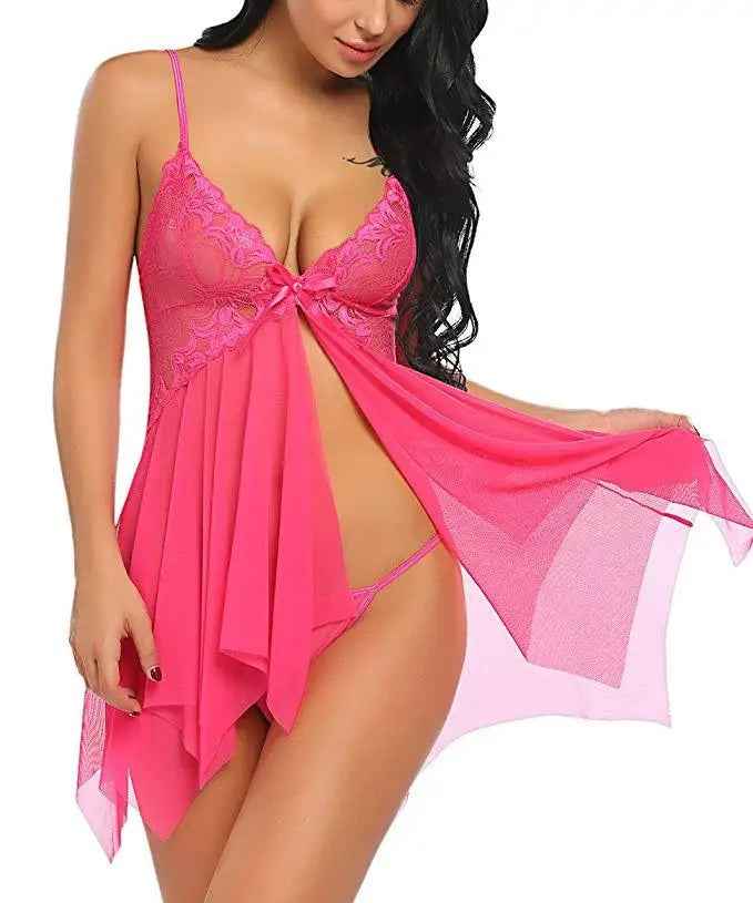 Pink Babydoll Lingerie Nightwear for Women | Sheer Lace Sleepwear with Panty | Article 6636