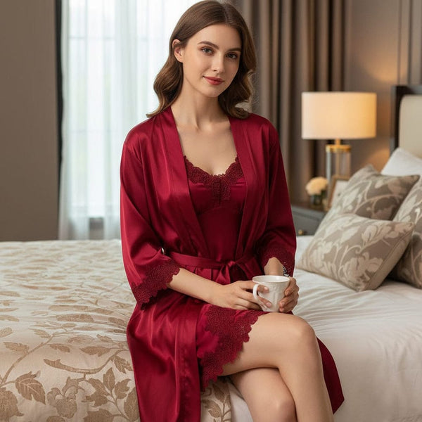 Luxury 2Pcs Imported Lace Lingerie Set – Nightgown & Robe Set for Women