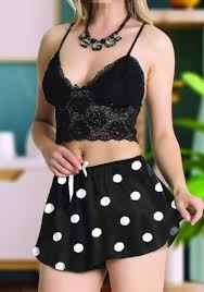 Women's Black Lace Bralette & Polka Dot Shorts Nightwear Set | Sexy Sleepwear & Loungewear | Inner Top and Short Cami Set