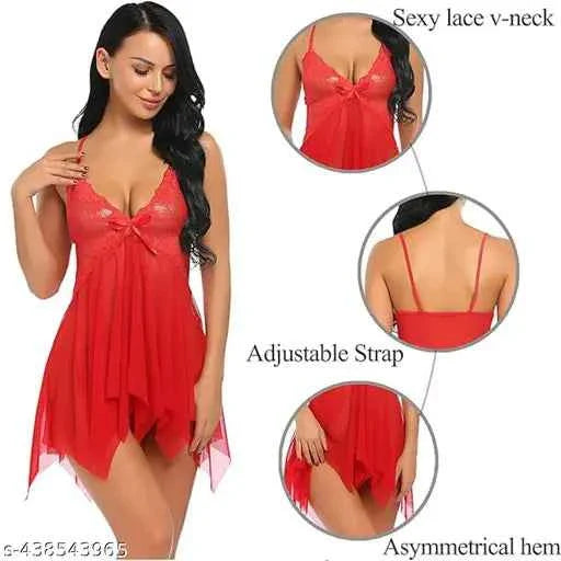 Red Lace Babydoll Lingerie Nightwear for Women | Romantic Sheer Nightdress with Panty